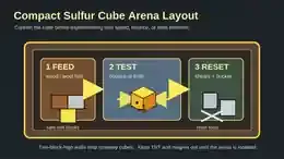 A compact three-zone arena layout for feeding, testing, and resetting a Sulfur Cube